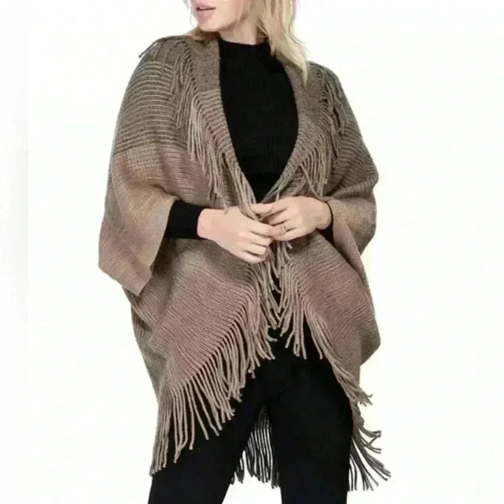 Khaki Batwing Cape Shawl With Tassel Scarf, Versatile Open-Front Outwear Poncho
